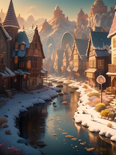 "(((masterpiece))) better quality, FHD8k, fantasy scene made of candy, Door, The windows and roof are made of candy, no human beings exist, sweet syrup river, in magical and enchanting surroundings."hospitality, Cookies, Chantilly,Chocolate sauce,honey river ,river honey , marshmallow gum,Bombom, rainbow made of snacks, Chimney made of candy, honey river , 3dMM rendering. professional lighting