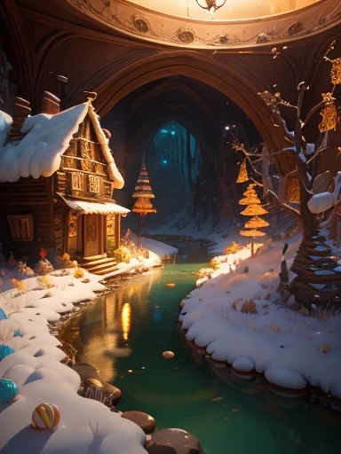 "(((masterpiece))) better quality, FHD8k, fantasy scene made of candy, Door, The windows and roof are made of candy, no human beings exist, sweet syrup river, in magical and enchanting surroundings."hospitality, Cookies, Chantilly,Chocolate sauce,honey river ,river honey , marshmallow gum,Bombom, rainbow made of snacks, Chimney made of candy, honey river , 3dMM rendering. professional lighting