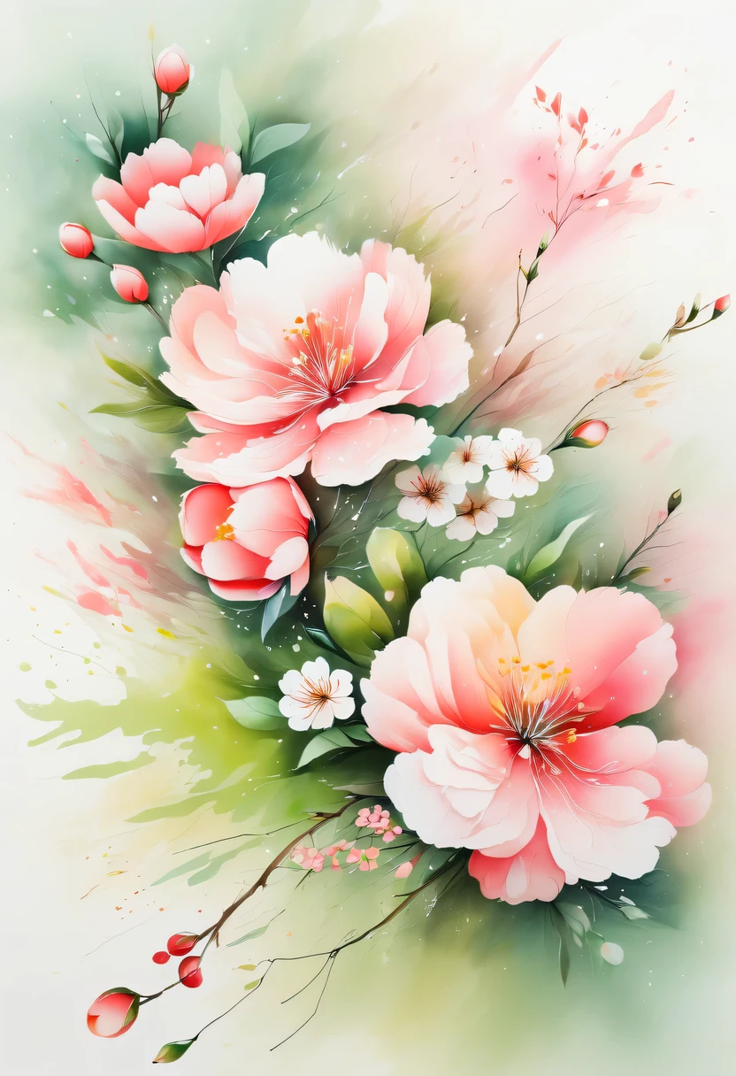 This watercolor flower painting presents an elegant and fresh visual effect。Wild flowers and peach blossoms intertwined in the fields，Forming the perfect combination of nature and romance。The screen is dominated by a white background，Highlight isolated watercolor flower。Splash technology recreates wet conditions，The atmosphere seems vague and dreamy。Unique composition and abstract expression add to the artistic feel of the picture，Contains elements of surrealism。The overall color tone is mainly light tones，Pale pink and green complement each other，Show high-resolution details。The splash-ink effect adds a touch of agility to the picture，The light color gives the flowers a deep and restrained beauty.。
