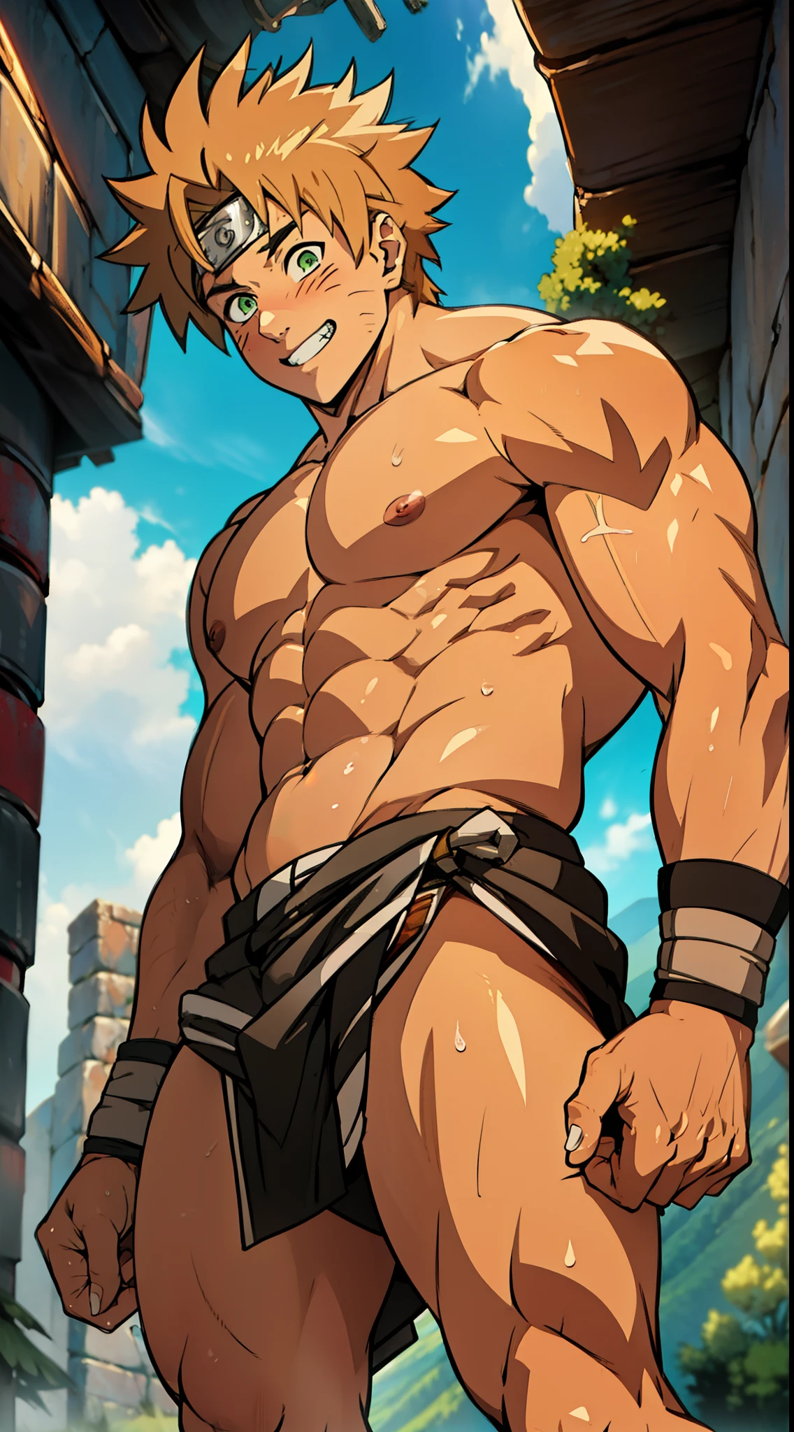 red skin, bright red skin, the boy blushed shyly , rosy skin, shiny skin(muscular thigh muscles )(Naruto anime style, art) (photo angle from bottom up) (photo angle from the ground upwards) [Anime photo][highest quality photo][4k,HD photo quality ] wear tight and short loincloths ,the loincloth bulges due to the erect male genitals (muscular thigh muscles, firm thigh muscles, muscular thigh muscles, sinewy thigh muscles, giant thigh muscles, strong leg muscles, muscular hamstring leg muscles)(thigh muscles bulging as if about to explode, muscular, calloused, sinewy, giant) , Rudeus Greyrat,fun, happy,bodybuilder,bodybuilding, standing, lots of sweat flowing down, topless, shirtless, hot sunny, 8 pack abs , short hair , green eyes