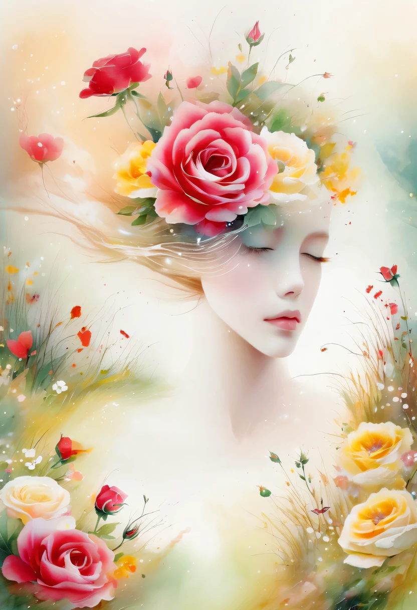 This watercolor flower painting presents an elegant and fresh visual effect。Wildflowers and roses in the field,Forming the perfect combination of nature and romance。The screen is dominated by a white background,Highlight isolated watercolor flower。Splash technology recreates wet conditions,The atmosphere seems vague and dreamy。Unique composition and abstract expression add to the artistic feel of the picture,Contains elements of surrealism。The overall color tone is mainly light tones,Red and gold complement each other,Show high-resolution details。The splash-ink effect adds a touch of agility to the picture,The light color gives the flowers a deep and restrained beauty.