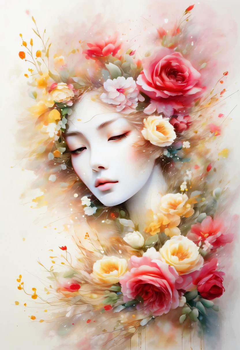 This watercolor flower painting presents an elegant and fresh visual effect。Wildflowers and roses in the field，Forming the perfect combination of nature and romance。The screen is dominated by a white background，Highlight isolated watercolor flower。Splash technology recreates wet conditions，The atmosphere seems vague and dreamy。Unique composition and abstract expression add to the artistic feel of the picture，Contains elements of surrealism。The overall color tone is mainly light tones，Red and gold complement each other，Show high-resolution details。The splash-ink effect adds a touch of agility to the picture，The light color gives the flowers a deep and restrained beauty.