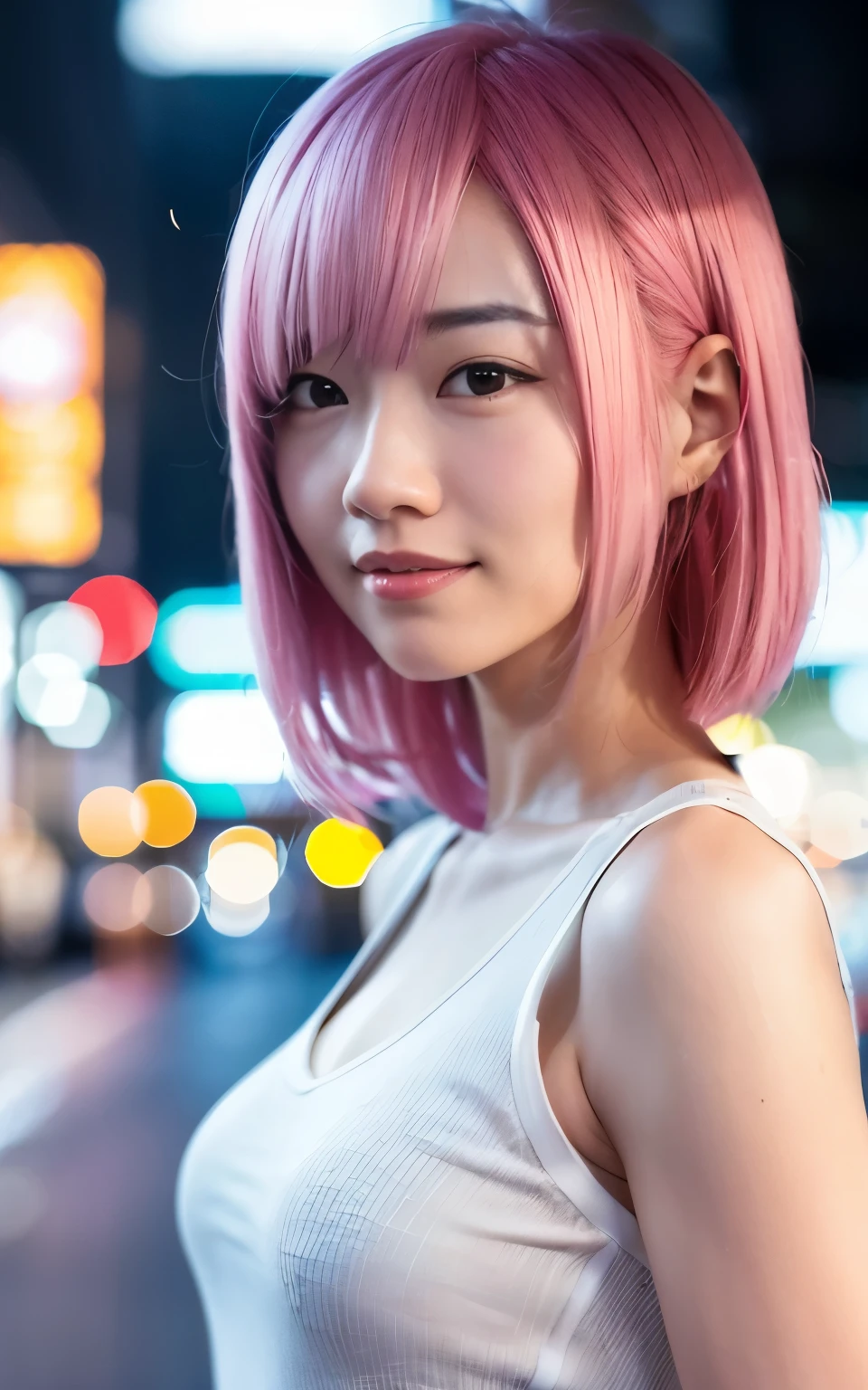 1girl, Beautiful woman ,The whole body appears naked, Pink nipples, Large Breasts, beautiful face, An inviting look, Clear skin,
Overflowing breasts, Moist eyes, Beautiful blonde, A half Japanese, 
1girl, beautiful nora_valkyri, looking at viewer, smile, short hair, blue eyes,heart cutout, pink skirt, open skirt, orange hair, pink , dynamic pose, night, outdoors, city, (volumetric lighting), best quality, 