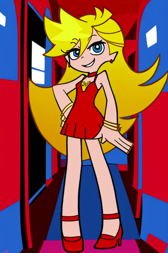 Panty Anarchy, blonde hair, long blonde hair, blue eyes, little red dress, red short dress, choker, gold hoop earrings, gold bracelet, hallway background, smile, standing up, red high heels, 1 girl, solo