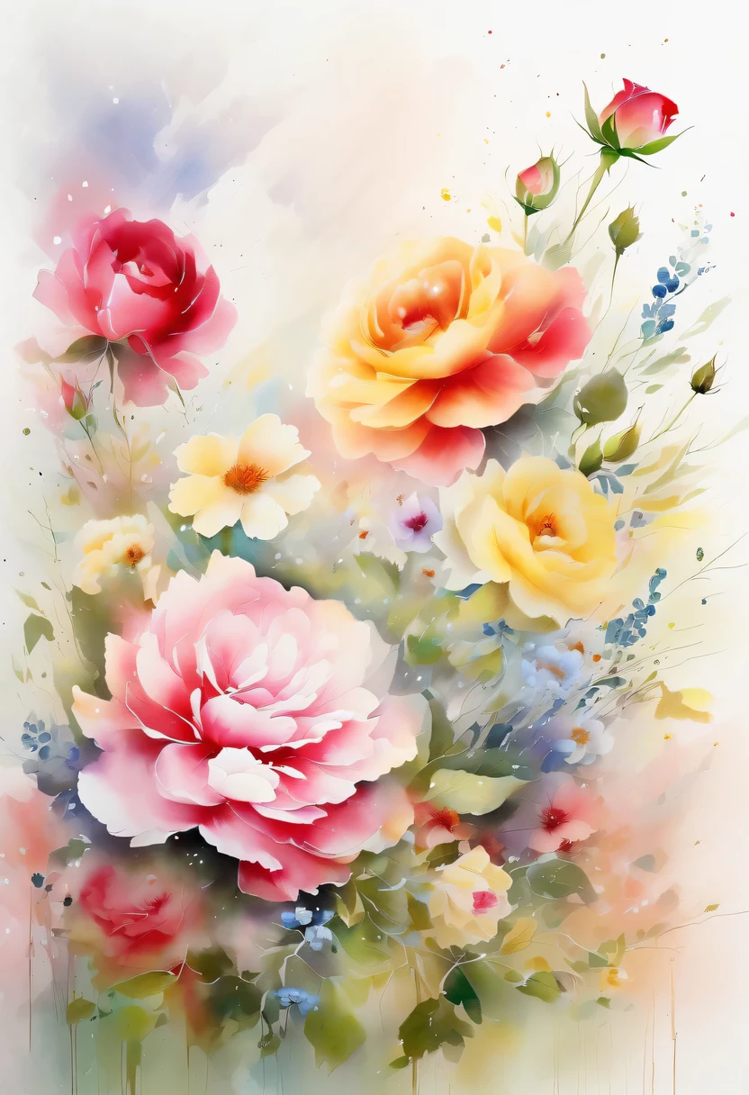 This watercolor flower painting presents an elegant and fresh visual effect。Wildflowers and roses in the field，Forming the perfect combination of nature and romance。The screen is dominated by a white background，Highlight isolated watercolor flower。Splash technology recreates wet conditions，The atmosphere seems vague and dreamy。Unique composition and abstract expression add to the artistic feel of the picture，Contains elements of surrealism。The overall color tone is mainly light tones，Red and gold complement each other，Show high-resolution details。The splash-ink effect adds a touch of agility to the picture，The light color gives the flowers a deep and restrained beauty.