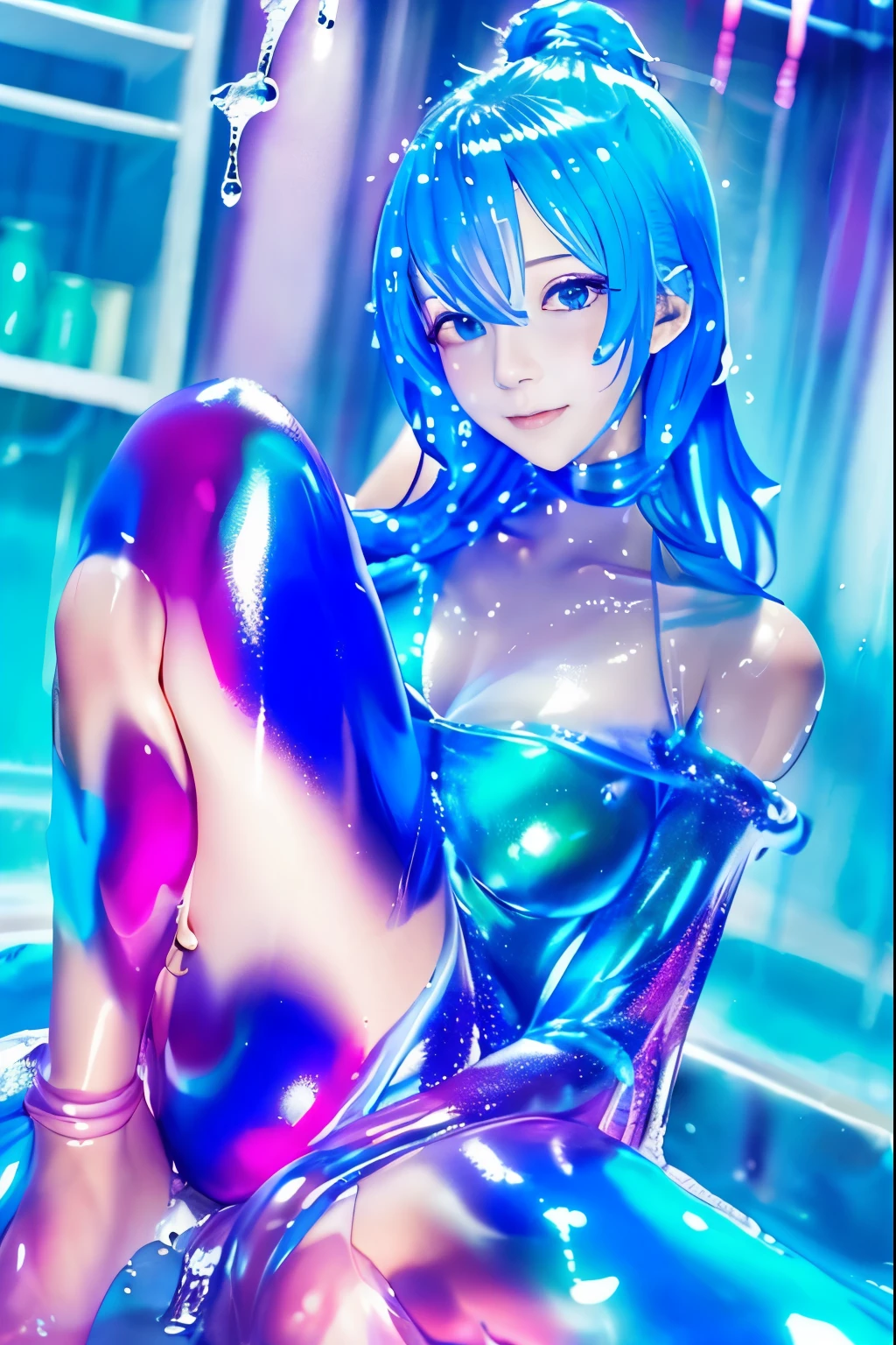 (hight resolution,masutepiece:1.2),Ultra-detailed,(Realistic:1.37), Slime Girl,covered in blue slime, (partially transparent), (Wet with water), (blue sweat), Slimy blue liquid dripping from her body. Her hair is also covered in blue slime. blue slime scatters, Blue hair, blue eyes