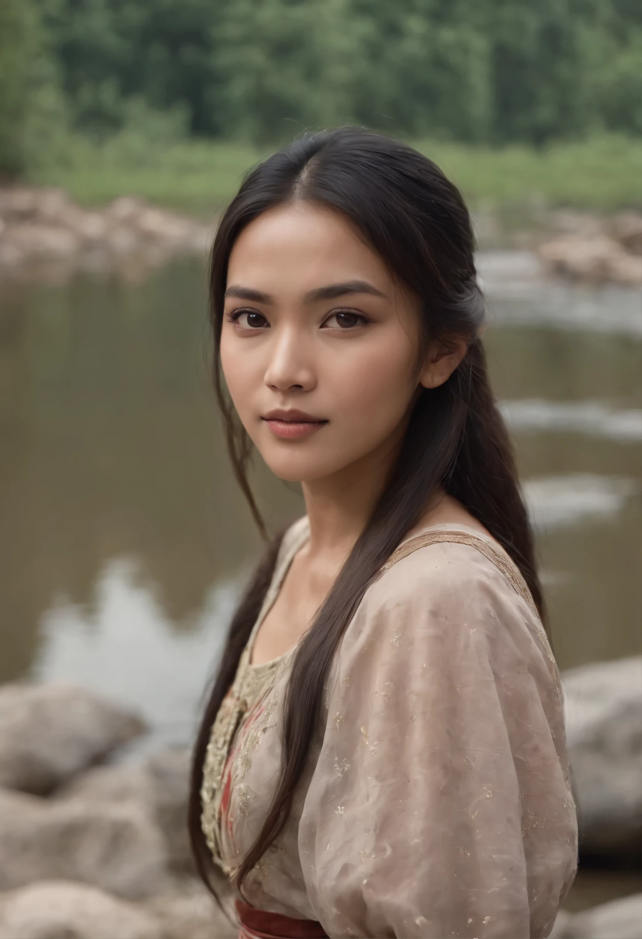 a beautiful young Malaysian woman in her early 20s, with long dark hair, wearing a typical villager's dress, standing on the banks of a river