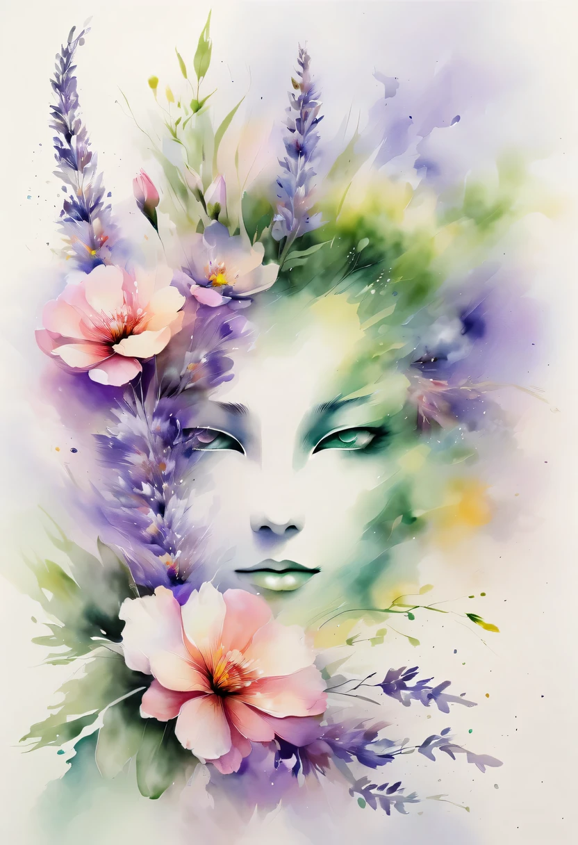 This watercolor flower painting presents an elegant and fresh visual effect。Wildflower and lavender fields，Forming the perfect combination of nature and romance。The screen is dominated by a white background，Highlight isolated watercolor flower。Splash technology recreates wet conditions，The atmosphere seems vague and dreamy。Unique composition and abstract expression add to the artistic feel of the picture，Contains elements of surrealism。The overall color tone is mainly light tones，Lilac and green complement each other beautifully，Show high-resolution details。The splash-ink effect adds a touch of agility to the picture，The light color gives the flowers a deep and restrained beauty.。