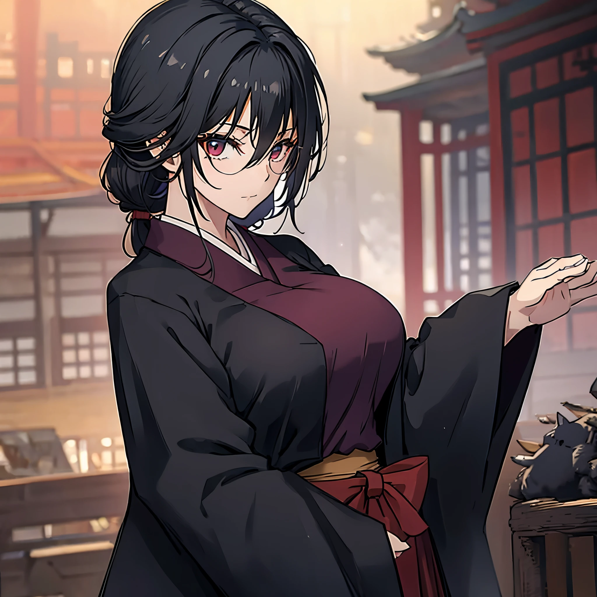 a woman wearing a black kimono with red details, red eyes, big breasts, in a Japanese castle.
