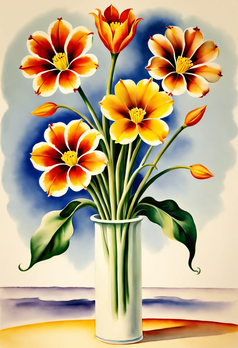 watercolor painting, family flowers, by Georgia O'Keeffe, best quality, masterpiece, 8k