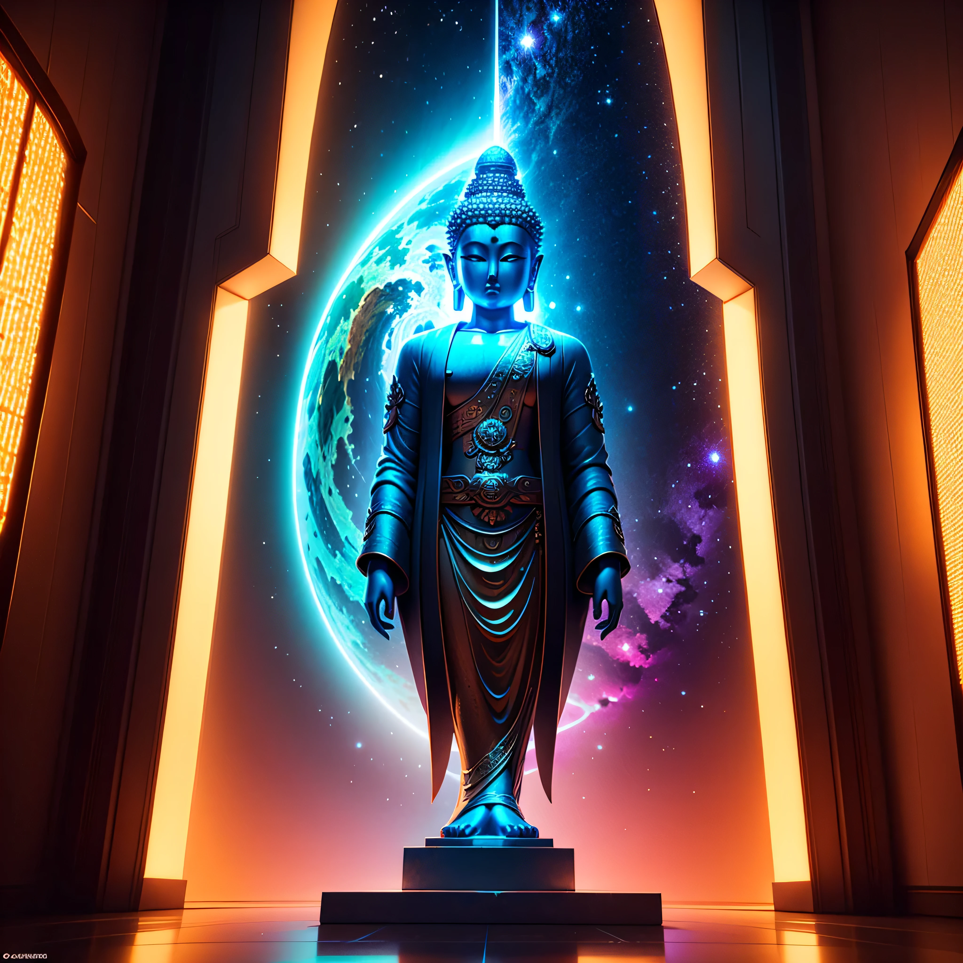 Will-o'-the-wisp dazzling Symmetrical Duddha_Interstellar (Galaxy stars Nebula Spacious Sunrise evening_glow distant_view Sunset rich_colors colorful wide-angle_lens shooting_evening positive_film naturalistic_style),A highly detailed, futuristic scene with a vibrant color palette and neon lights. The focal point of the scene a magnificent Golden Buddha statue, radiating a sense of peace and tranquility. The statue made of pure gold and shines brightly, reflecting the neon lights around it. The surrounding environment filled with futuristic elements, such as sleek buildings, flying cars, and holographic advertisements. The colors in the scene are intense and vibrant, incorporating shades of blues, purples, pinks, and greens. The neon lights illuminate the surroundings, casting a surreal and vibrant glow. The overall atmosphere both awe-inspiring and serene, blending the traditional beauty of the Golden Buddha with the cutting-edge aesthetics of the future. Everything in the scene highly detailed and realistic, with every intricate feature of the Buddha statue captured flawlessly. The lighting carefully designed to highlight the beauty of the statue and create a mesmerizing ambiance.optimal bright_color dappled_sunLight meticulously intricate ultra_high-details ultra_high-res hyper pro-Photo-realistic ultra_high-quality ultra_high-def UHD XT3 DSLR HDR extreme improved Octane-rendered opengl-shaders glsl-shader romm rgb pbr shading 3DCG fxaa global illumination cgi vfx sfx fkaa txaa rtx ssao post-processing post-production cell-shading tone-mapping Ultra_sharpness focus accurate max saturate reflex analogique Vivid DSLR color-coded luminescence volumetric Cinematic_Sunrise lightning contrast incandescent Cristallines floraison zentangle fleuraison varied multi etc. --s 1000 --c 20 --q 20 --chaos 100