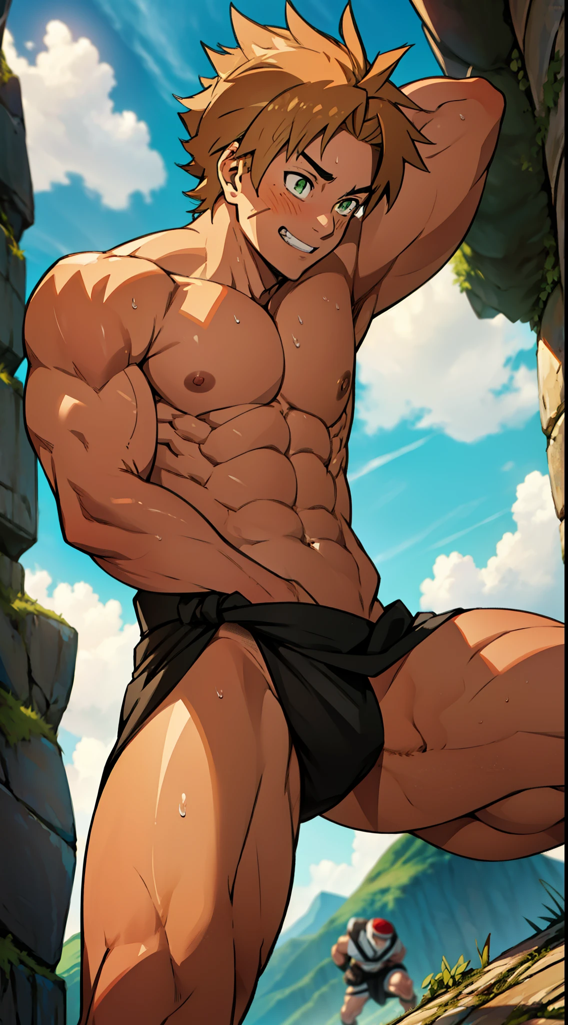 red skin, bright red skin, the boy blushed shyly , rosy skin, shiny skin(muscular thigh muscles )(Naruto anime style, art) (photo angle from bottom up) (photo angle from the ground upwards) [Anime photo][highest quality photo][4k,HD photo quality ] wear tight and short loincloths ,the loincloth bulges due to the erect male genitals (muscular thigh muscles, firm thigh muscles, muscular thigh muscles, sinewy thigh muscles, giant thigh muscles, strong leg muscles, muscular hamstring leg muscles)(thigh muscles bulging as if about to explode, muscular, calloused, sinewy, giant) , Rudeus Greyrat,fun, happy,bodybuilder,bodybuilding, standing, lots of sweat flowing down, topless, shirtless, hot sunny, 8 pack abs , short hair , green eyes