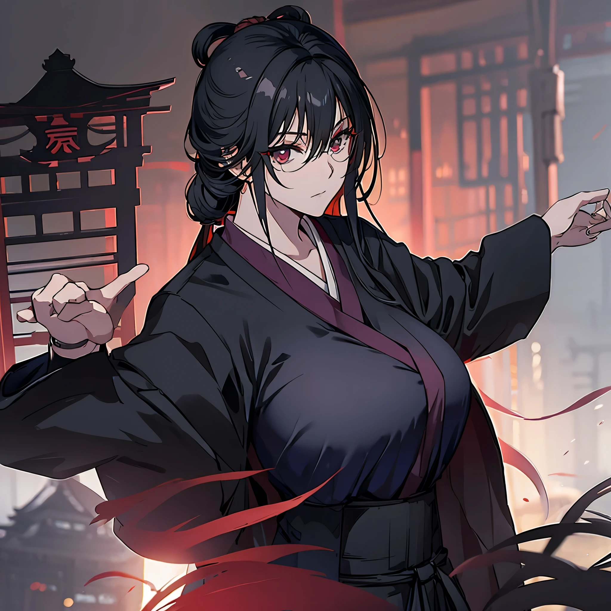 a woman wearing a black kimono with red details, red eyes, big breasts, in a Japanese castle.
