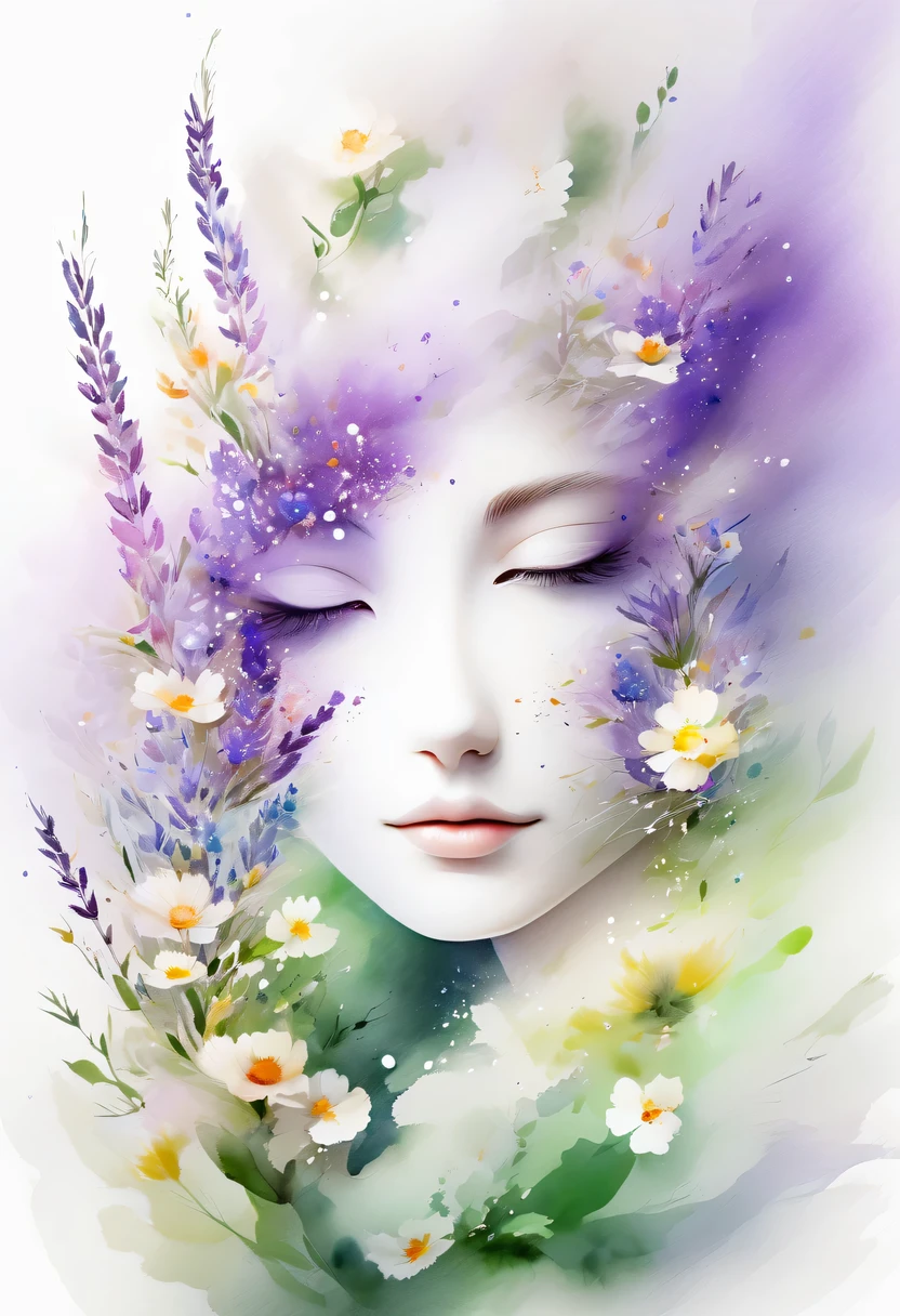 This watercolor flower painting presents an elegant and fresh visual effect。Wildflower and lavender fields,Forming the perfect combination of nature and romance。The screen is dominated by a white background,Highlight isolated watercolor flower。Splash technology recreates wet conditions,The atmosphere seems vague and dreamy。Unique composition and abstract expression add to the artistic feel of the picture,Contains elements of surrealism。The overall color tone is mainly light tones,Lilac and green complement each other beautifully,Show high-resolution details。The splash-ink effect adds a touch of agility to the picture,The light color gives the flowers a deep and restrained beauty.。