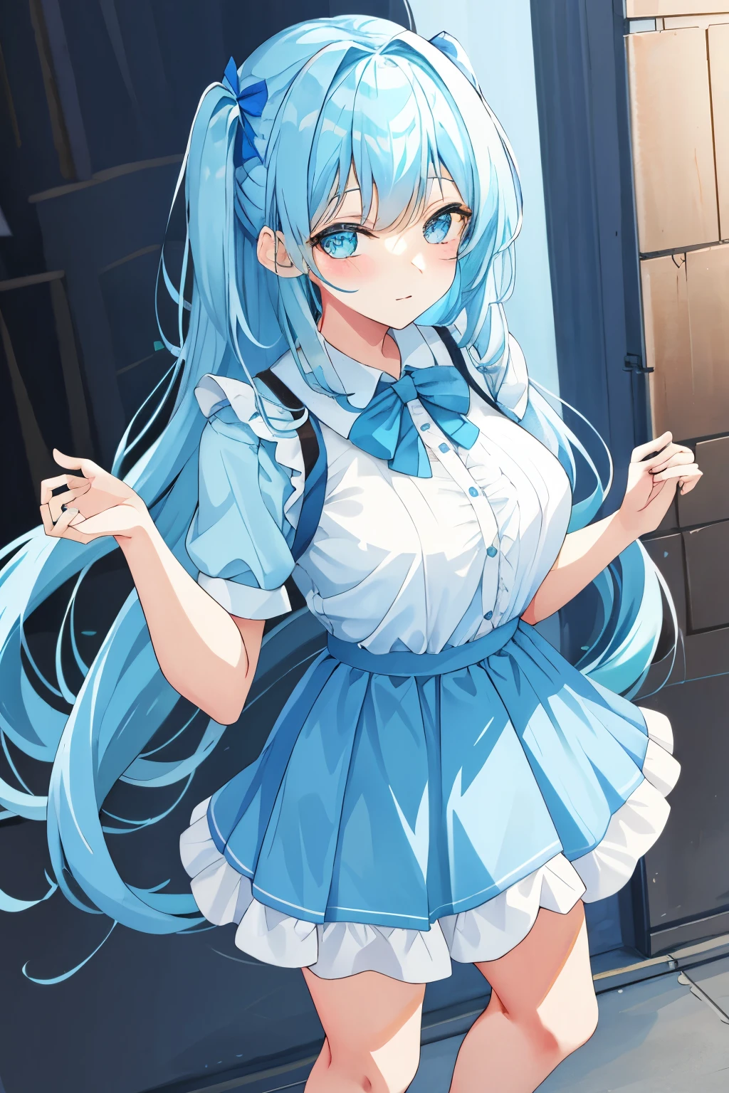 Vtuber、Standing picture、whole body、Light blue、long hair、cute clothes、big breasts、stand up straight、front、Lovely、lolita、frills、lower your hands、Cautious attitude