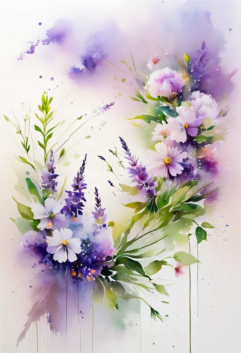 This watercolor flower painting presents an elegant and fresh visual effect。Wildflower and lavender fields,Forming the perfect combination of nature and romance。The screen is dominated by a white background,Highlight isolated watercolor flower。Splash technology recreates wet conditions,The atmosphere seems vague and dreamy。Unique composition and abstract expression add to the artistic feel of the picture,Contains elements of surrealism。The overall color tone is mainly light tones,Lilac and green complement each other beautifully,Show high-resolution details。The splash-ink effect adds a touch of agility to the picture,The light color gives the flowers a deep and restrained beauty.。