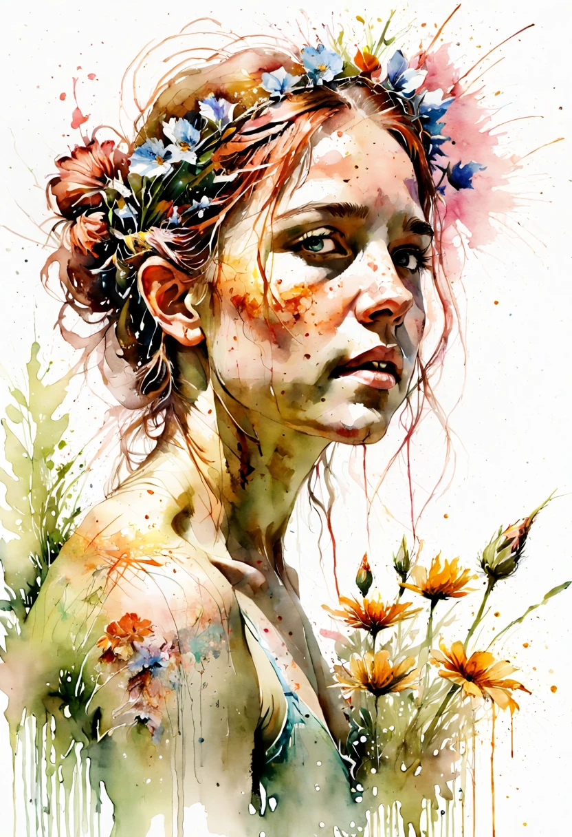 watercolor painting, flowers, outdoors, by Carne Griffiths, best quality, masterpiece, 8k