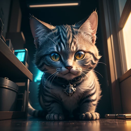 (best quality,masterpiece:1.2),ultra-detailed,3D,cute metal cat,cyborg,cyberpunk style,complex details,Human Development Report,complex hyper-detailed,movie shot,illustration