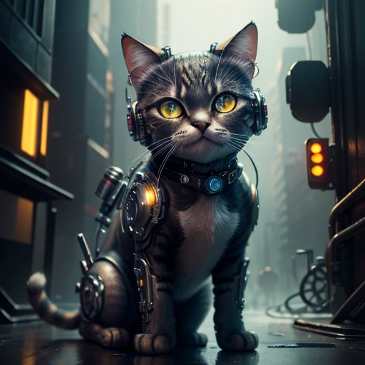 (best quality,masterpiece:1.2),ultra-detailed,3D,cute metal cat,cyborg,cyberpunk style,complex details,Human Development Report,complex hyper-detailed,movie shot,illustration