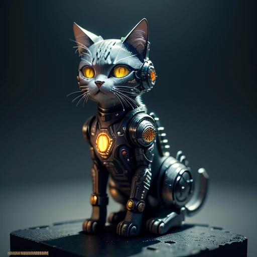(best quality,masterpiece:1.2),ultra-detailed,3D,cute metal cat,cyborg,cyberpunk style,complex details,Human Development Report,complex hyper-detailed,movie shot,illustration
