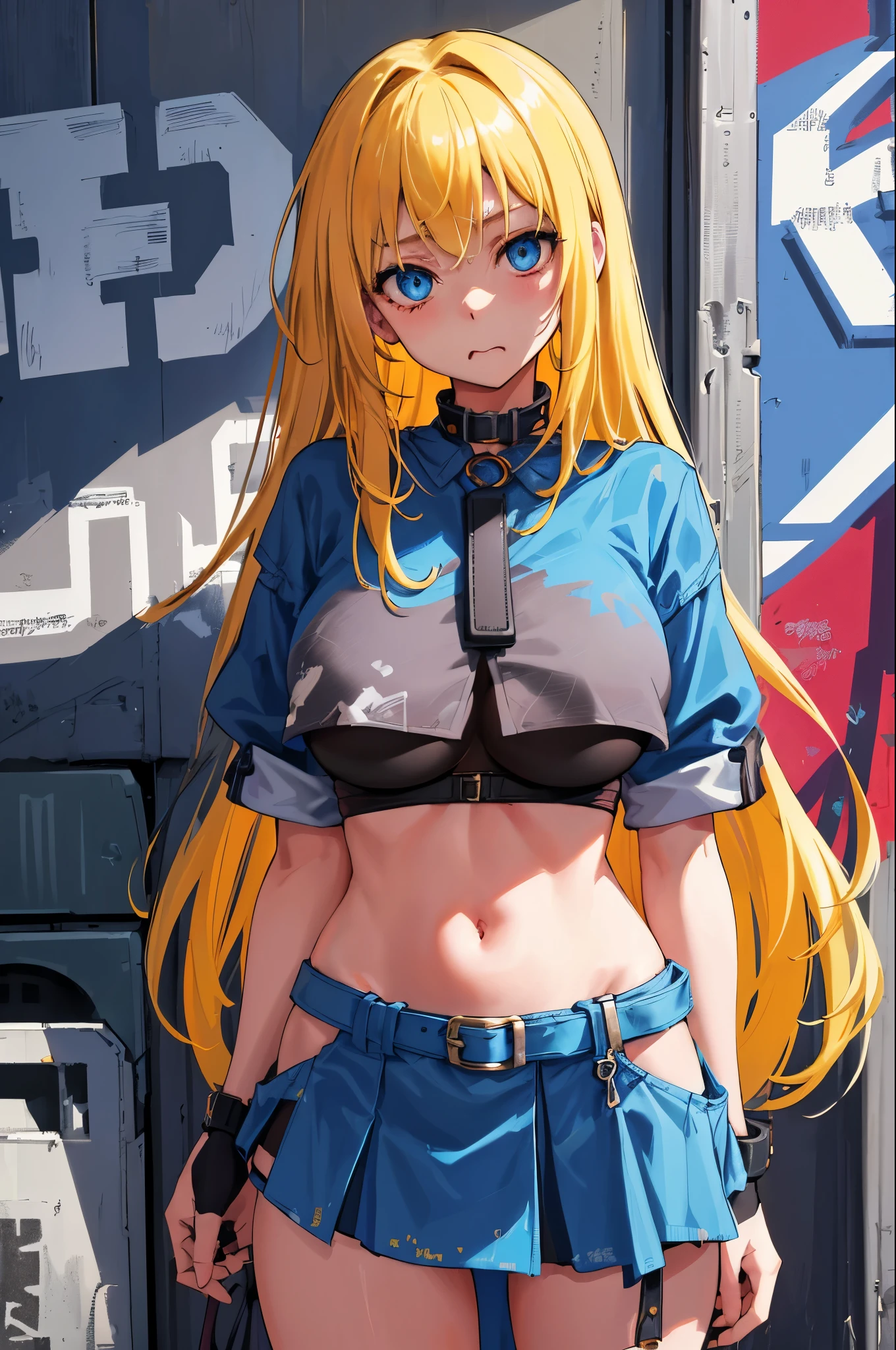 original character, volume lighting, best shadows, shallow depth of field, portrait、20歳の美女,  Delicate Beautiful blue Eyes, Messy Painted Face, shy look, open your mouth,long hair, blonde hair, , Oversized Pop Jacket, Mini Underboob Tee, open the navel, slim waist, Denim fabric miniskirt, with buckle belt, In The Graffiti Alley, Waste container, Outdoor staircase, Outdoor Unit, Are standing, (highest quality, amazing details:1.25), (alone:1.3), vivid colorful paintings