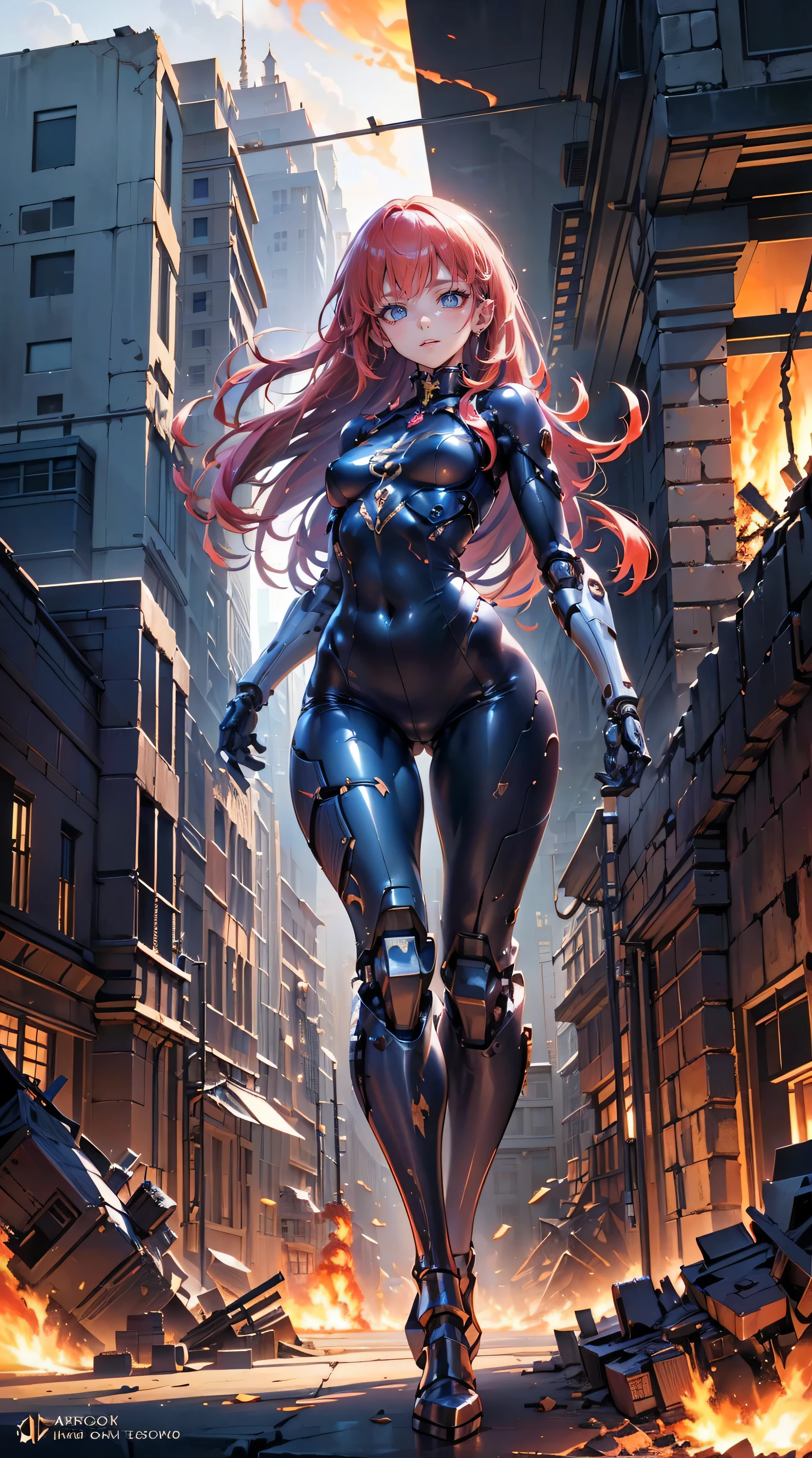 busty girl, mecha, city, full body, floating, pov, from above, power armor, dynamic pose,