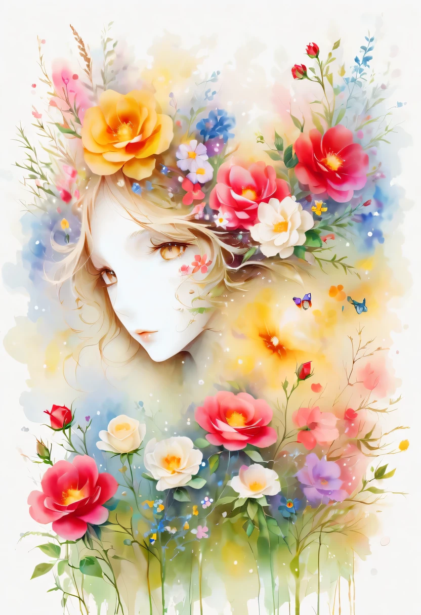 This watercolor flower painting presents an elegant and fresh visual effect。Wildflowers and roses in the field,Forming the perfect combination of nature and romance。The screen is dominated by a white background,Highlight isolated watercolor flower。Splash technology recreates wet conditions,The atmosphere seems vague and dreamy。Unique composition and abstract expression add to the artistic feel of the picture,Contains elements of surrealism。The overall color tone is mainly light tones,Red and gold complement each other,Show high-resolution details。The splash-ink effect adds a touch of agility to the picture,The light color gives the flowers a deep and restrained beauty.
