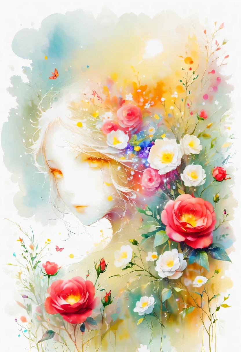 This watercolor flower painting presents an elegant and fresh visual effect。Wildflowers and roses in the field,Forming the perfect combination of nature and romance。The screen is dominated by a white background,Highlight isolated watercolor flower。Splash technology recreates wet conditions,The atmosphere seems vague and dreamy。Unique composition and abstract expression add to the artistic feel of the picture,Contains elements of surrealism。The overall color tone is mainly light tones,Red and gold complement each other,Show high-resolution details。The splash-ink effect adds a touch of agility to the picture,The light color gives the flowers a deep and restrained beauty.