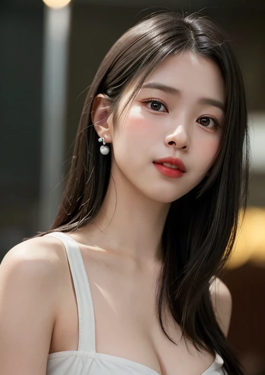 (masterpiece, highest quality、Beautiful woman full of adult charm:1.4、head tilt),1 girl, solo, black hair,, real, look at the audience, pale black eyes, short hair, lips, lip gloss,bangs,, closed mouth, Big eyes、eyelashes、((Only the upper body is naked、belly button))、((bangsのあるショートヘア、Big eyes、Give students very strong highlights、very big breasts、look at the viewer、very beautiful beauty、stick out ears、long neck、smile a little、Close your mouth and smile、nipple)))、28 years old、Cute supermodels、