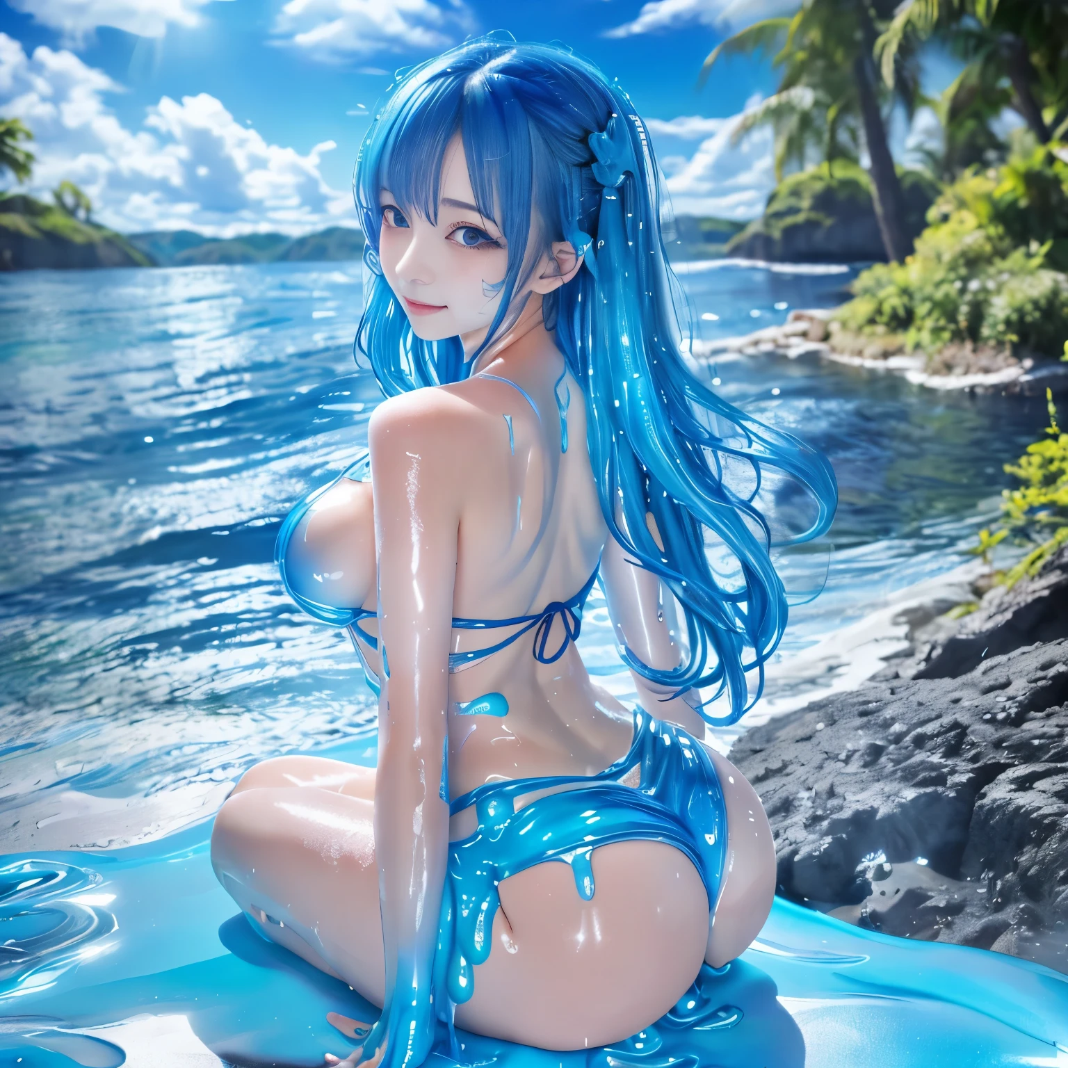 (hight resolution,masutepiece:1.2),Ultra-detailed,(Realistic:1.37), back shot, Slime Girl,covered in blue slime, (partially transparent), (Wet with water), (blue sweat), Slimy blue liquid dripping from her body. Her hair is also covered in blue slime. blue slime scatters, Blue hair, blue eyes