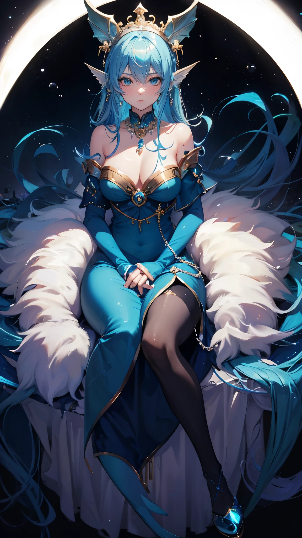 海long blue hair,close up,dream world,Mermaid princess, 海long blue hair,sitting on an royal throne,tear nevus,Mermaid ears,(pearl head chain,necklace),necklace,Long off-the-shoulder blue dress,humanoid, Poseidon temple background, her skin is white, fair complexion,green eyes,long blue hair, Two long black stocking legs,High heel,black legs,tattoo