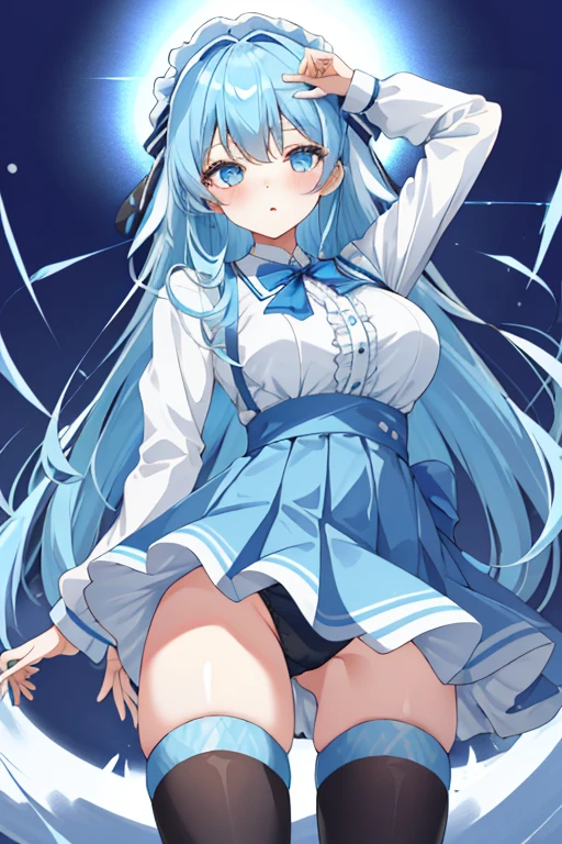 Vtuber、Standing picture、whole body、Light blue、long hair、cute clothes、big breasts、stand up straight、front、Lovely、ta、frills、lower your hands、Cautious attitude、(front)、(lower your hands)、(Stand up straight)