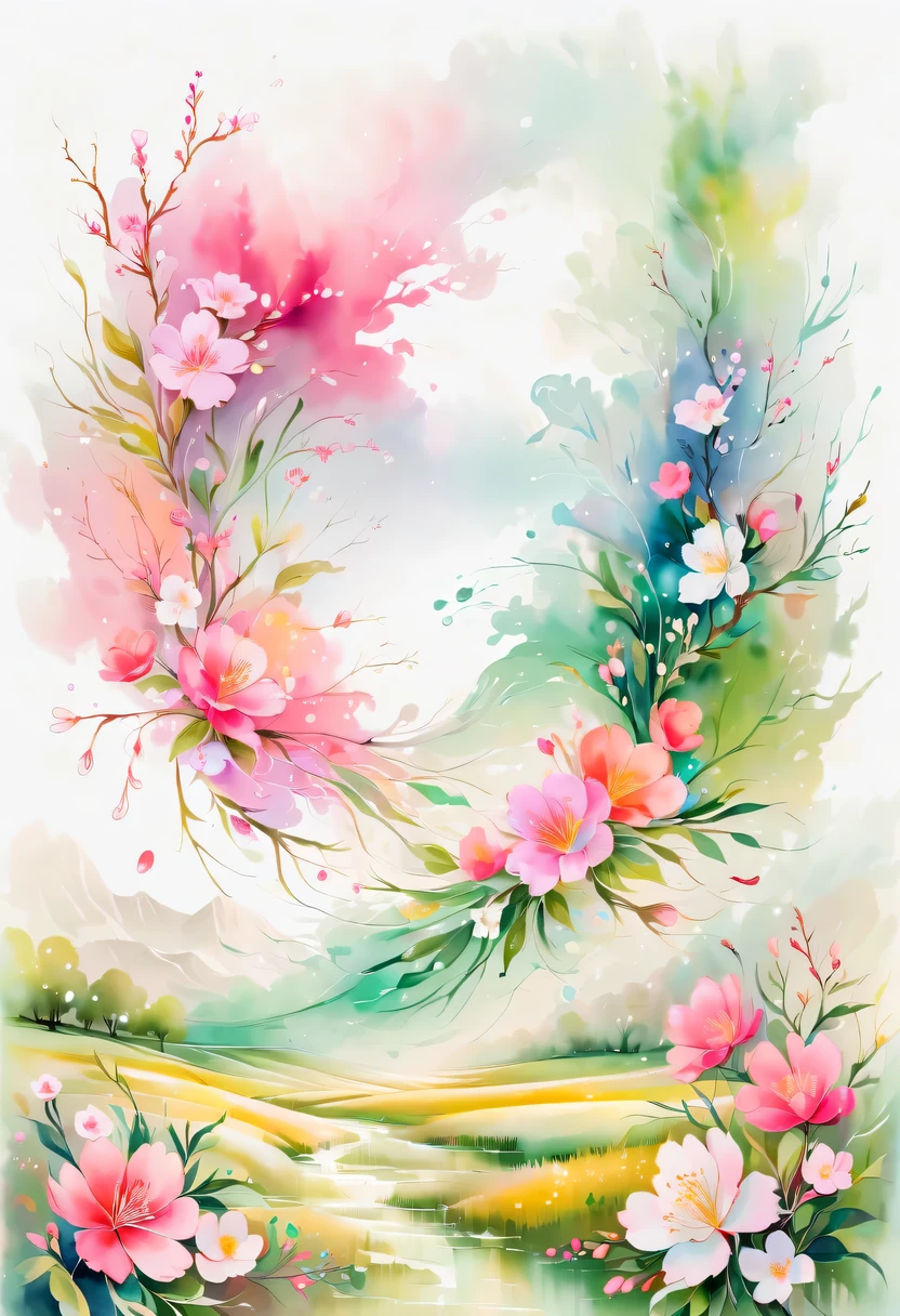 This watercolor flower painting presents an elegant and fresh visual effect。Wild flowers and peach blossoms intertwined in the fields,Forming the perfect combination of nature and romance。The screen is dominated by a white background,Highlight isolated watercolor flower。Splash technology recreates wet conditions,The atmosphere seems vague and dreamy。Unique composition and abstract expression add to the artistic feel of the picture,Contains elements of surrealism。The overall color tone is mainly light tones,Pale pink and green complement each other,Show high-resolution details。The splash-ink effect adds a touch of agility to the picture,The light color gives the flowers a deep and restrained beauty.。