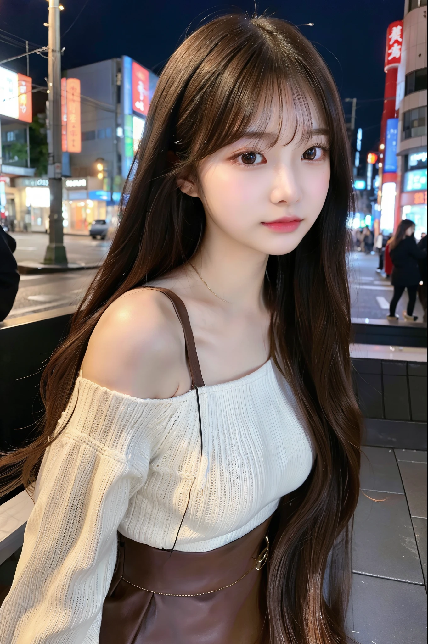 Masterpiece、1 beautiful girl、delicate eyes、puffy eyes、top quality, 超high resolution, (authenticity: 1.4), light、Japanese、asian beauty、super beautiful、beautiful skin、A slender one、The body faces forward、(surreal)、(high resolution)、(8k)、(Very detailed)、(美丽delicate eyes)、(Super detailed)、 (wallpaper)、a delicate face、明亮的light、professional lighting、looking at the audience、Face straight ahead、(The clothing is a knitted dress)、long hair, messy hair, asymmetrical bangs, 、night view、brown hair、Japan idle、korean idol、Posing a gravure idol、actor、19 years old、High,