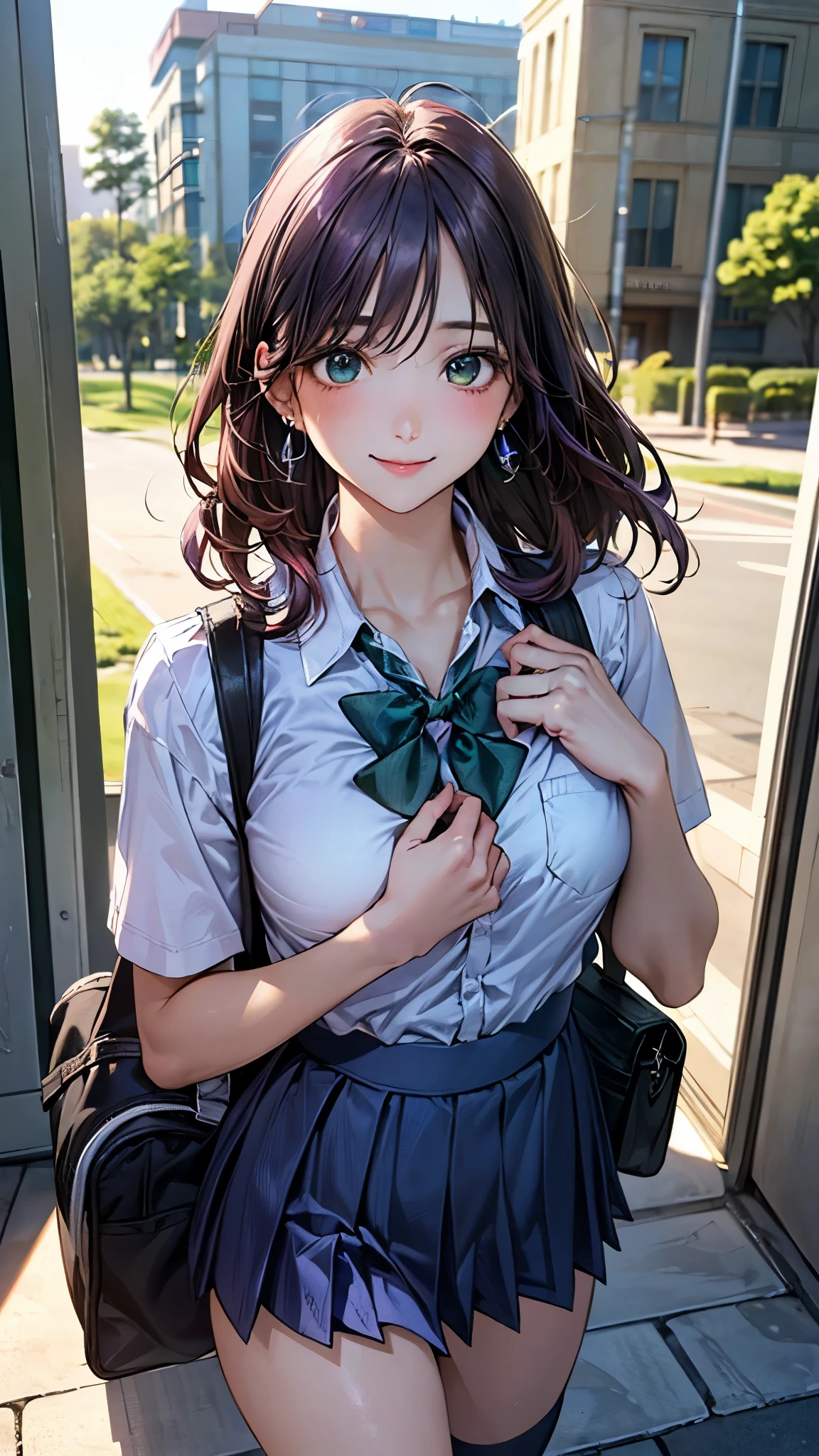 (masterpiece:1.2, top-quality), (realistic, photorealistic:1.4), beautiful illustration, (natural side lighting, movie lighting),
looking at viewer, cowboy shot, front view:0.6, 1 girl, japanese, high school girl, perfect face, cute and symmetrical face, shiny skin,
(middle hair:1.5, purple hair), parted bangs, emerald green eyes, long eye lasher, (large breasts:0.9, thick thighs),
beautiful hair, beautiful face, beautiful detailed eyes, beautiful clavicle, beautiful body, beautiful chest, beautiful thigh, beautiful legs, beautiful fingers,
((light blue collared shirts, blue pleated mini skirt, socks, brown loafers, blue bow tie)), hoop ring earrings, pink panties, dark blue school bag,
(beautiful scenery), evening, riverside, walking, hands on chest, (lovely smile, upper eyes),