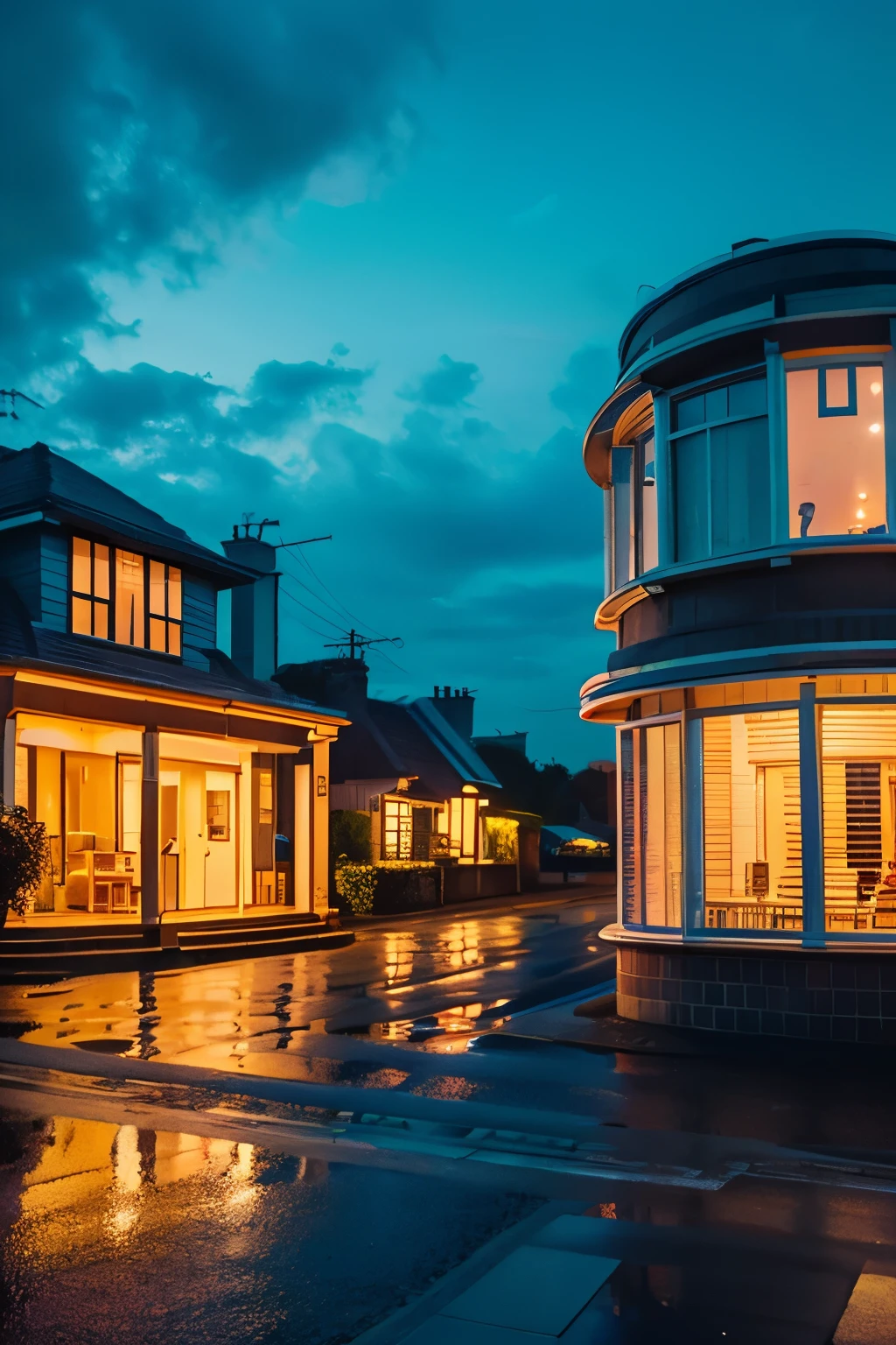 Retro cityscape,British style、at dusk,photorealistic,Angle of standing on the sidewalk and looking at the house from the other side of the road