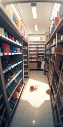 (highres,best quality,masterpiece:1.2),vibrant:1.4,overhead, solitary, 1 girl standing inside a store with shelves full of plush toys and a bag of something, depth of field, fisheye lens