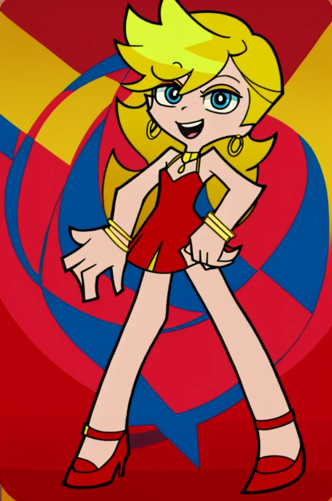 Panty Anarchy, blonde hair, long hair, blue eyes, little red dress, red short dress, choker, gold hoop earrings, gold bracelet, ballroom background, smile, standing up, red high heels, 1 girl, solo, Masterpiece, best quality