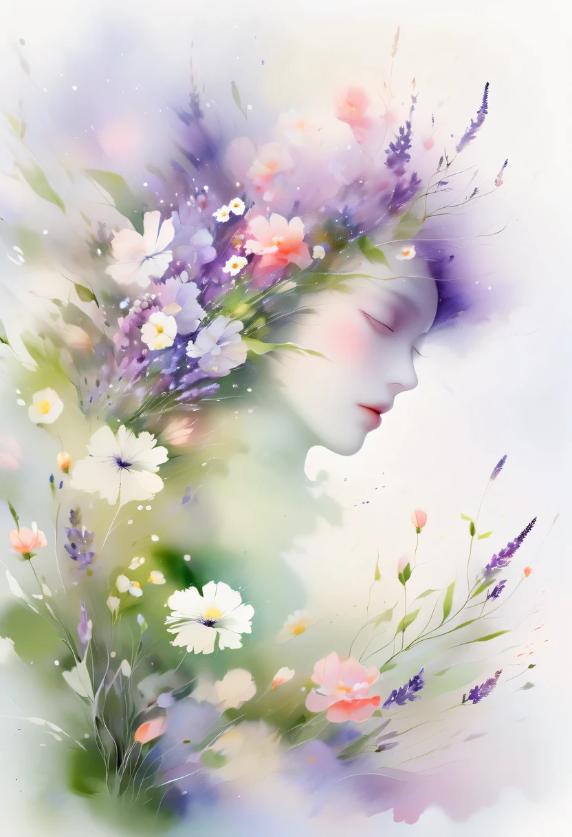 This watercolor flower painting presents an elegant and fresh visual effect。Wildflower and lavender fields,Forming the perfect combination of nature and romance。The screen is dominated by a white background,Highlight isolated watercolor flower。Splash technology recreates wet conditions,The atmosphere seems vague and dreamy。Unique composition and abstract expression add to the artistic feel of the picture,Contains elements of surrealism。The overall color tone is mainly light tones,Lilac and green complement each other beautifully,Show high-resolution details。The splash-ink effect adds a touch of agility to the picture,The light color gives the flowers a deep and restrained beauty.。