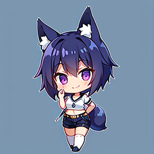 exist白色衬衫外面穿一件海军蓝色夹克, fox ,Golden , illustration, 1 女孩exist, north african trade zone ,chibi , comedy little, Lovely ,small ,whole body ,stand ,exist ,Wearing navy blue jeans shorts ,Wear a black belt ,fox Girl ,fox ears grown ,short hair ,Wearing white boots ,Wear black stockings ,fox tail grows ,purple eyes, 1 person, Smile