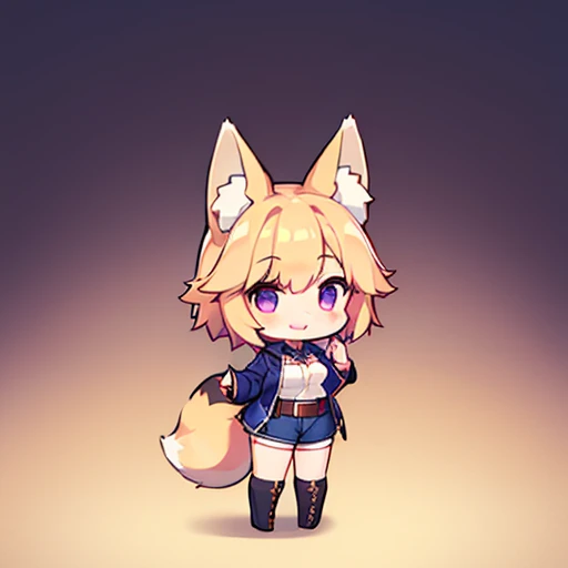 (best quality,4k,8k,highres,masterpiece:1.2),ultra-detailed,(realistic,photorealistic,photo-realistic:1.37),illustration,navy blue jacket over a white shirt,fox,golden retriever,1 girl in,a free trade zone in North Africa,Chibi,cute,small,full body,standing,in navy blue denim shorts,wearing a black belt,fox girl,fox ears grown,short hair,wearing white boots,wearing black stockings,fox tail grows,purple eyes,1 person,smiling