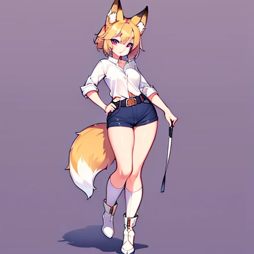 (best quality,4k,8k,highres,masterpiece:1.2),ultra-detailed,(realistic,photorealistic,photo-realistic:1.37),illustration,navy blue jacket over a white shirt,fox,golden retriever,1 girl in,a free trade zone in North Africa,Chibi,cute,small,full body,standing,in navy blue denim shorts,wearing a black belt,fox girl,fox ears grown,short hair,wearing white boots,wearing black stockings,fox tail grows,purple eyes,1 person,smiling