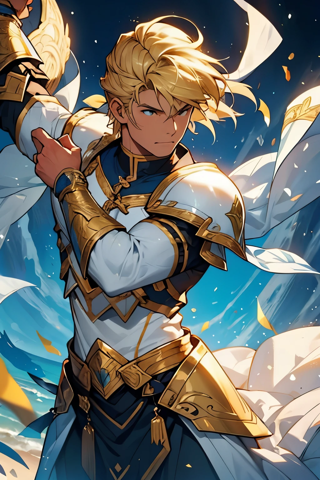 HOMEM, FORTE, big muscles, Um jovem HOMEM, de cabelos castanhos claros, He's a paladin, um guerreiro que protege o seu reino, her BLONDE hair dances over her white armor with light blue and gold details, ele possui sua grande espada em suas costas.