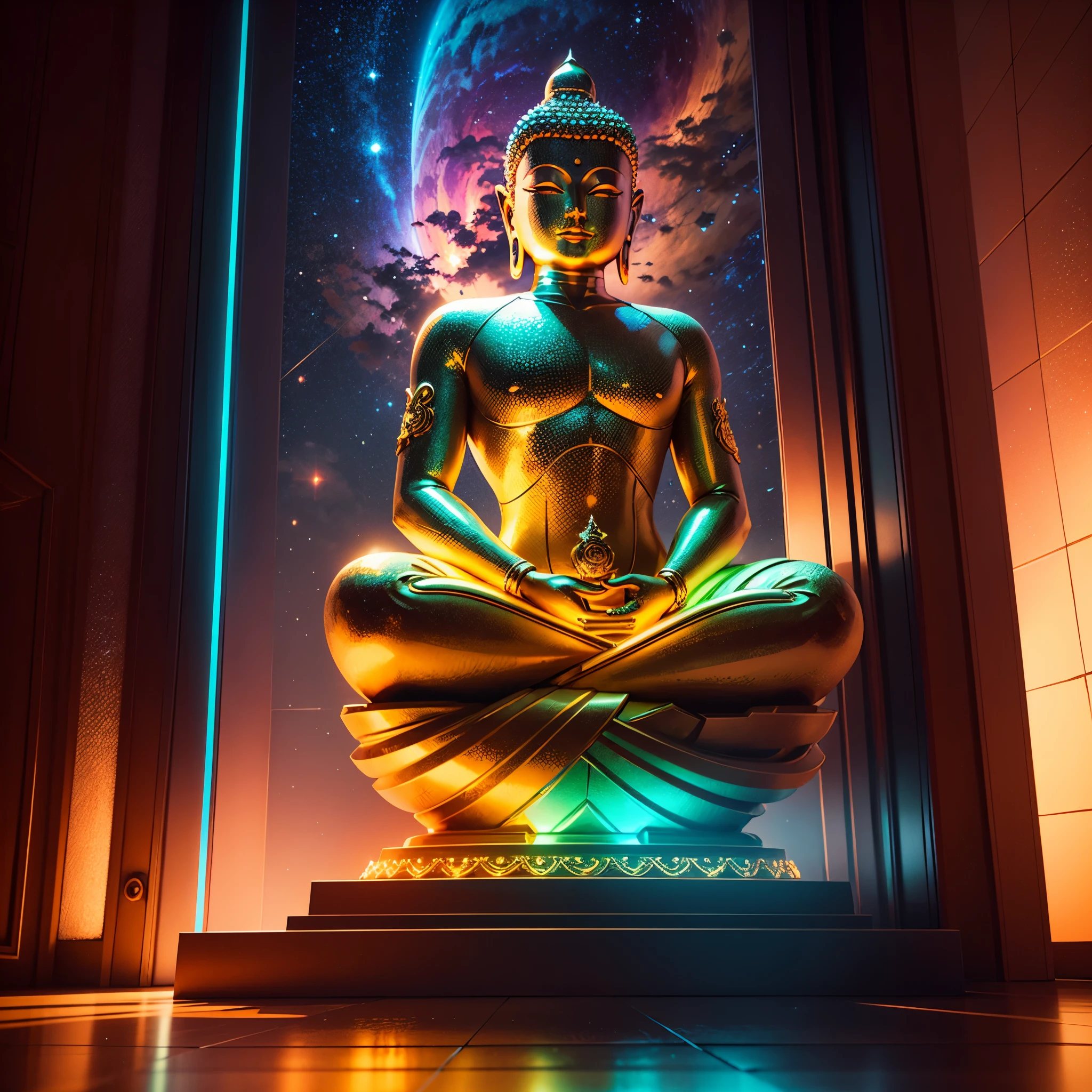 Will-o'-the-wisp dazzling Symmetrical Duddha_Interstellar (Galaxy stars Nebula Spacious Sunrise evening_glow distant_view Sunset rich_colors colorful wide-angle_lens shooting_evening positive_film naturalistic_style)，A highly detailed, futuristic scene with a vibrant color palette and neon lights. The focal point of the scene a magnificent Golden Buddha statue, radiating a sense of peace and tranquility. The statue made of pure gold and shines brightly, reflecting the neon lights around it. The surrounding environment filled with futuristic elements, such as sleek buildings, flying cars, and holographic advertisements. The colors in the scene are intense and vibrant, incorporating shades of blues, purples, pinks, and greens. The neon lights illuminate the surroundings, casting a surreal and vibrant glow. The overall atmosphere both awe-inspiring and serene, blending the traditional beauty of the Golden Buddha with the cutting-edge aesthetics of the future. Everything in the scene highly detailed and realistic, with every intricate feature of the Buddha statue captured flawlessly. The lighting carefully designed to highlight the beauty of the statue and create a mesmerizing ambiance.optimal bright_color dappled_sunLight meticulously intricate ultra_high-details ultra_high-res hyper pro-Photo-realistic ultra_high-quality ultra_high-def UHD XT3 DSLR HDR extreme improved Octane-rendered opengl-shaders glsl-shader romm rgb pbr shading 3DCG fxaa global illumination cgi vfx sfx fkaa txaa rtx ssao post-processing post-production cell-shading tone-mapping Ultra_sharpness focus accurate max saturate reflex analogique Vivid DSLR color-coded luminescence volumetric Cinematic_Sunrise lightning contrast incandescent Cristallines floraison zentangle fleuraison varied multi etc. --s 1000 --c 20 --q 20 --chaos 100