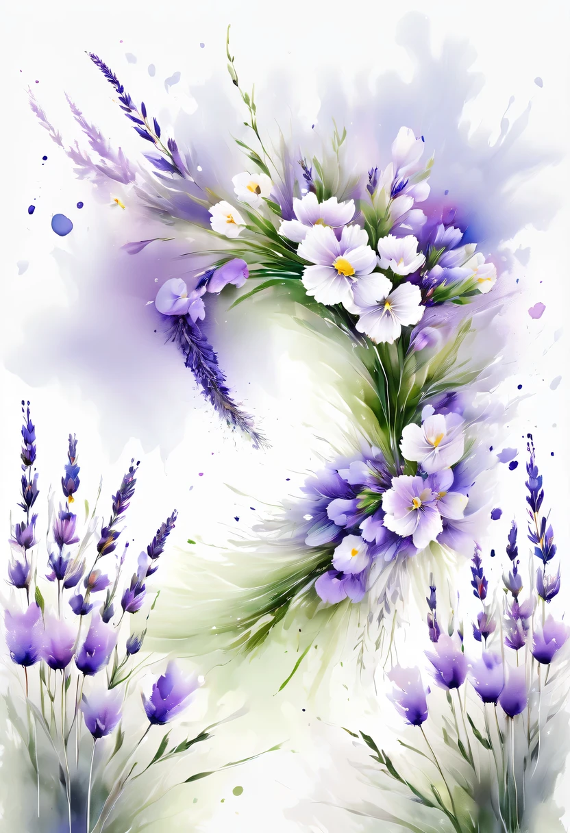 This watercolor flower painting presents an elegant and fresh visual effect。Wildflower and lavender fields，Forming the perfect combination of nature and romance。The screen is dominated by a white background，Highlight isolated watercolor flower。Splash technology recreates wet conditions，The atmosphere seems vague and dreamy。Unique composition and abstract expression add to the artistic feel of the picture，Contains elements of surrealism。The overall color tone is mainly light tones，Lilac and green complement each other beautifully，Show high-resolution details。The splash-ink effect adds a touch of agility to the picture，The light color gives the flowers a deep and restrained beauty.。