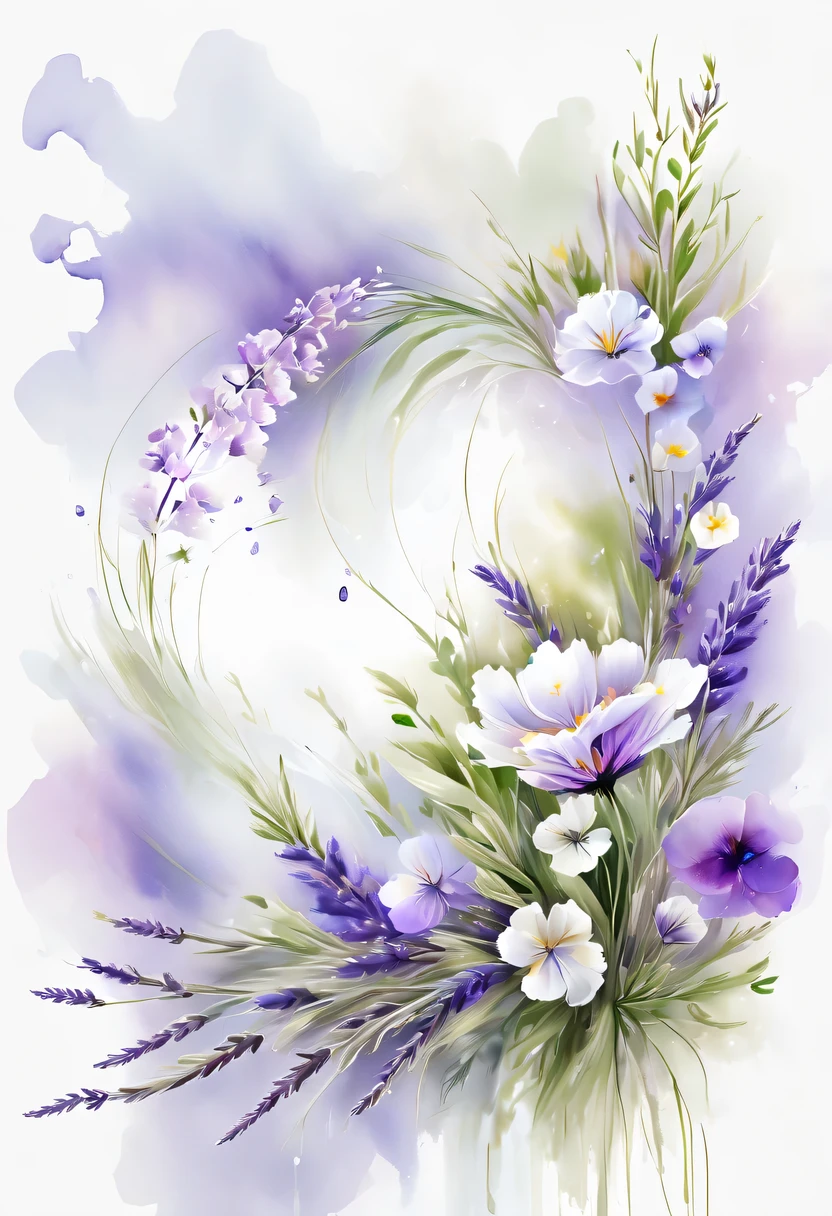 This watercolor flower painting presents an elegant and fresh visual effect。Wildflower and lavender fields，Forming the perfect combination of nature and romance。The screen is dominated by a white background，Highlight isolated watercolor flower。Splash technology recreates wet conditions，The atmosphere seems vague and dreamy。Unique composition and abstract expression add to the artistic feel of the picture，Contains elements of surrealism。The overall color tone is mainly light tones，Lilac and green complement each other beautifully，Show high-resolution details。The splash-ink effect adds a touch of agility to the picture，The light color gives the flowers a deep and restrained beauty.。