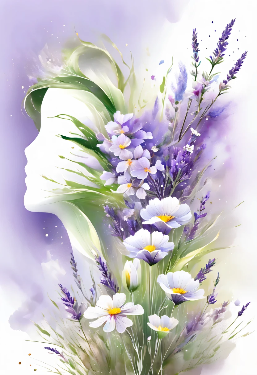 This watercolor flower painting presents an elegant and fresh visual effect。Wildflower and lavender fields,Forming the perfect combination of nature and romance。The screen is dominated by a white background,Highlight isolated watercolor flower。Splash technology recreates wet conditions,The atmosphere seems vague and dreamy。Unique composition and abstract expression add to the artistic feel of the picture,Contains elements of surrealism。The overall color tone is mainly light tones,Lilac and green complement each other beautifully,Show high-resolution details。The splash-ink effect adds a touch of agility to the picture,The light color gives the flowers a deep and restrained beauty.。
