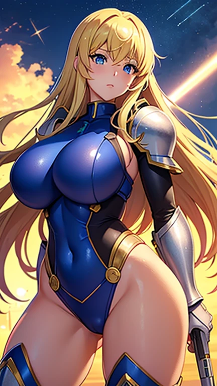 anime (Masou Gakuen HxH),  lady , sexy (very big boobs), actress (Yurishia Farandole) , blue eyes , blonde / yellow  long hair to hip / past hip length ,
Armor suit, She wears armor to prepare for battle in the skies and carries a laser gun. 