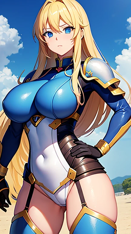 anime (Masou Gakuen HxH), lady , sexy (very big boobs), actress (Yurishia Farandole) , blue eyes , blonde / yellow long hair to hip / past hip length ,
Armor suit, She wears armor to prepare for battle in the skies and carries a laser gun.