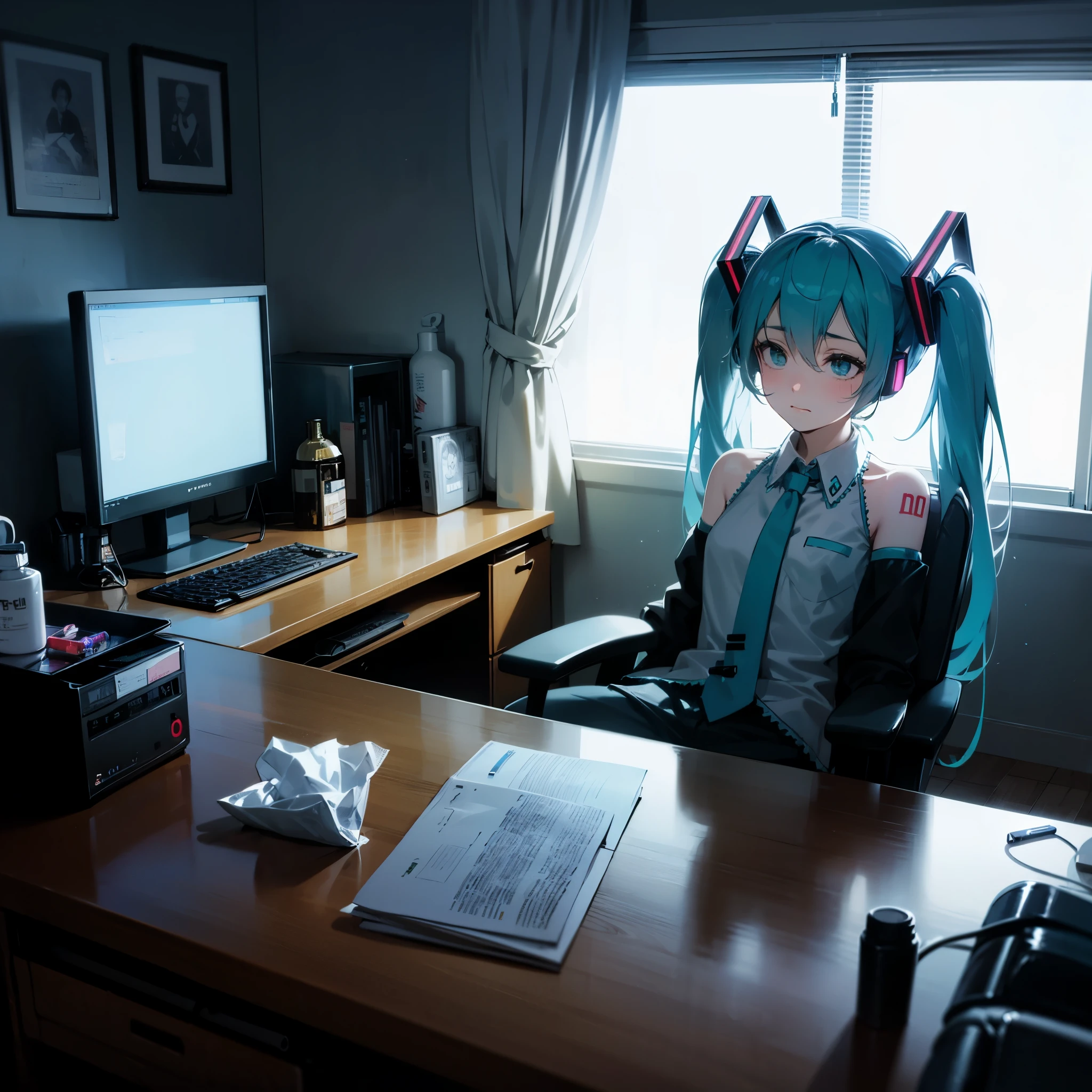 Hatsune miku, sitting at computer, sleeping in gaming chair, no lights on, lots of tissues everywhere, messy room, bottle of lotion on desk, dark room, night time, realistic eyes, depressed expression, no sunlight